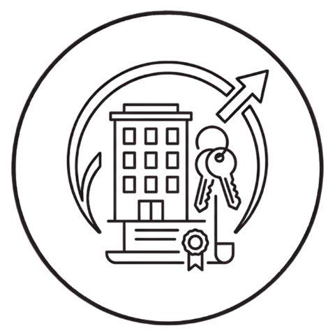 Icono de edificio con llaves y flecha circular para administración de fincas