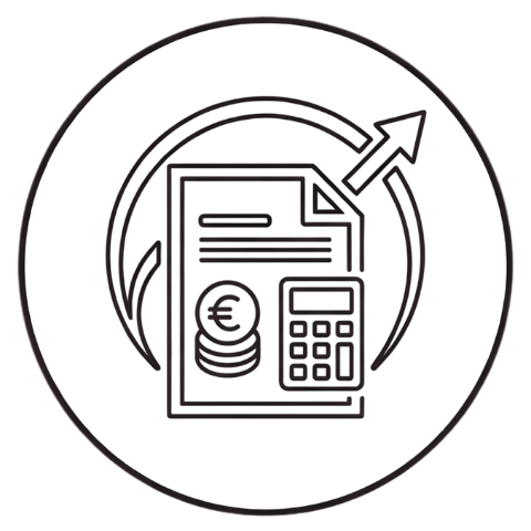 Icono de documento con monedas, calculadora y flecha circular para asesoría contable