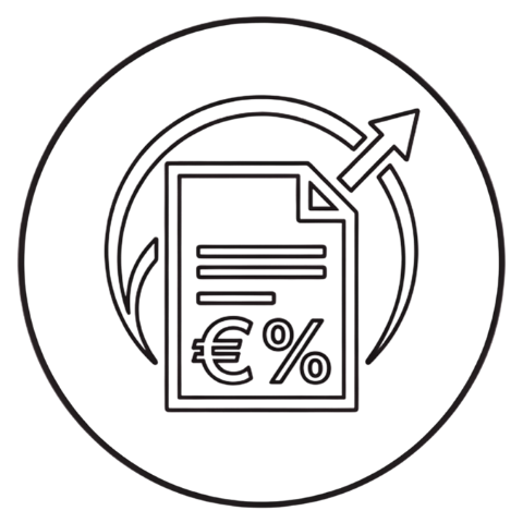 Icono de documento con símbolo de euro y porcentaje rodeado por una flecha circular para asesoría fiscal