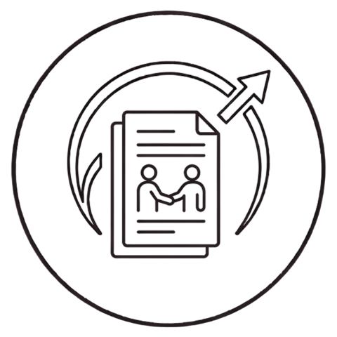 Icono de documento con dos personas y flecha circular para asesoría laboral