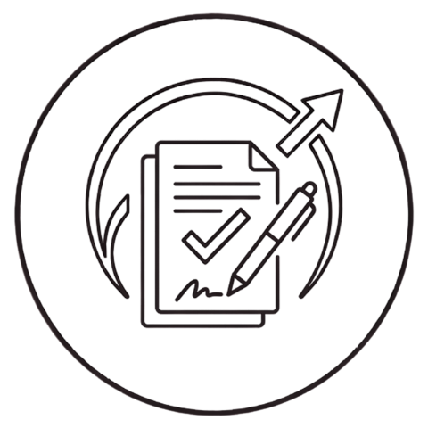Icono de documento con marca de verificación y bolígrafo para tramitación administrativa